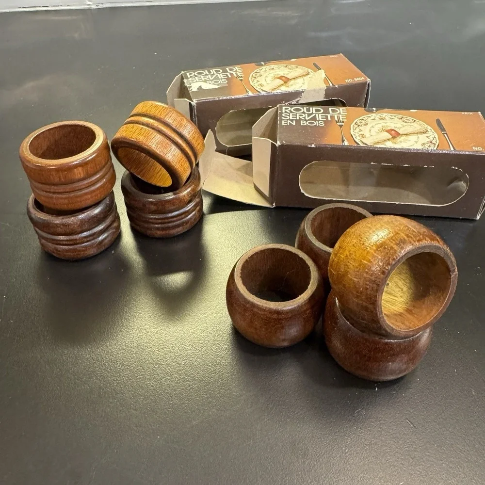 Vintage Wood‎ Napkin Rings Colonial Style MCM Set of 8 Stained Walnut